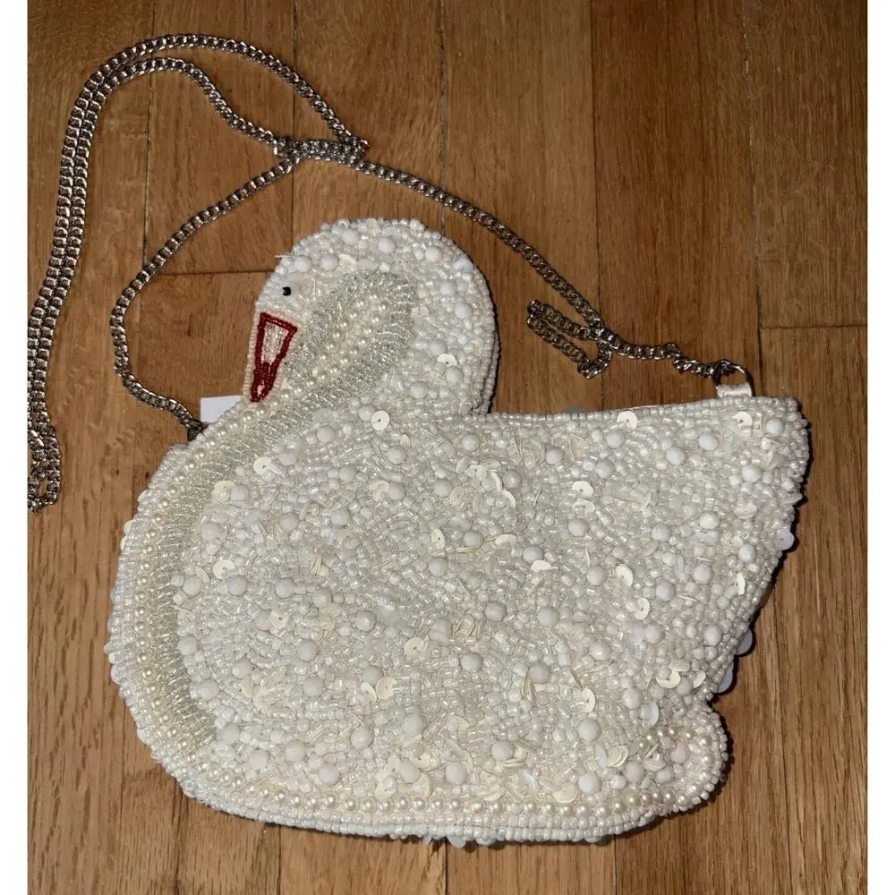 Viral White Swan Beaded Sequin Bag Crossbody From India to You NWT